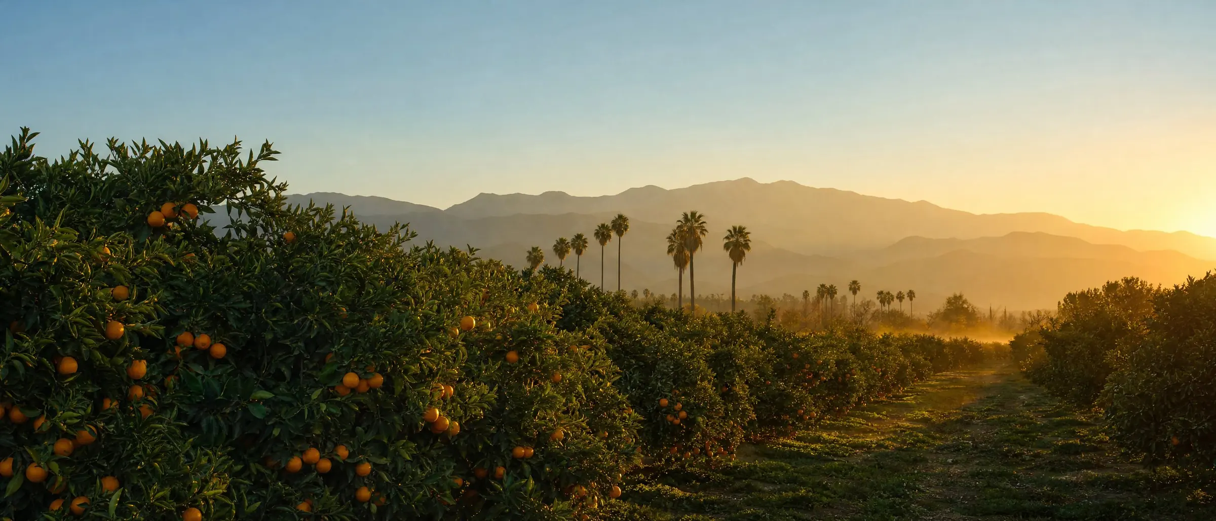 A wide orange grove at sunset with the mountains behind