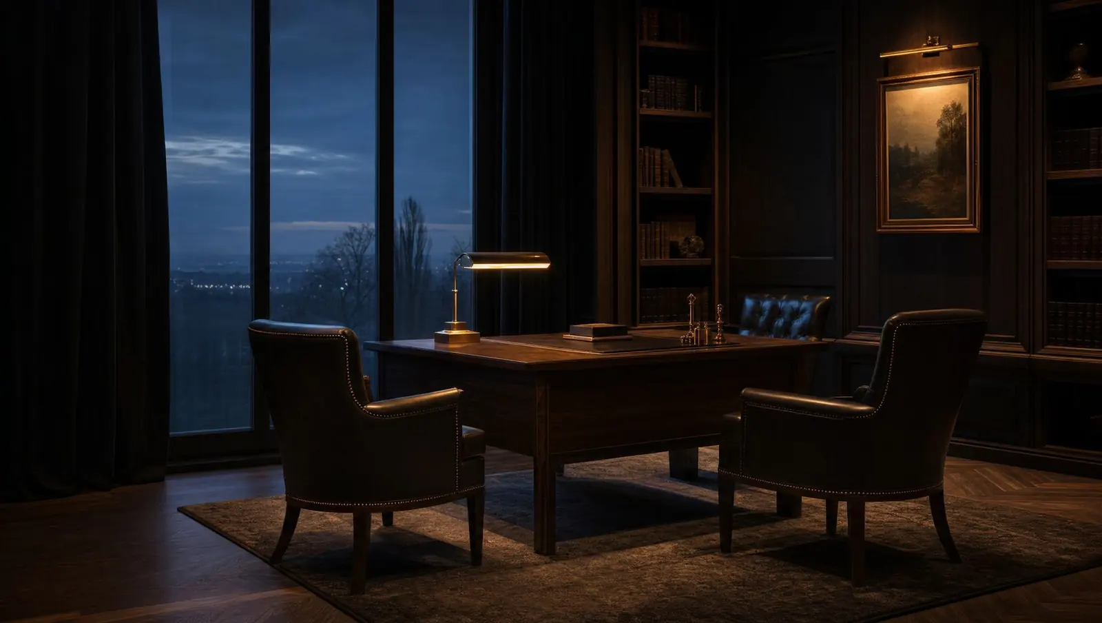 A dark wood study at dusk with two chairs and a desk lamp